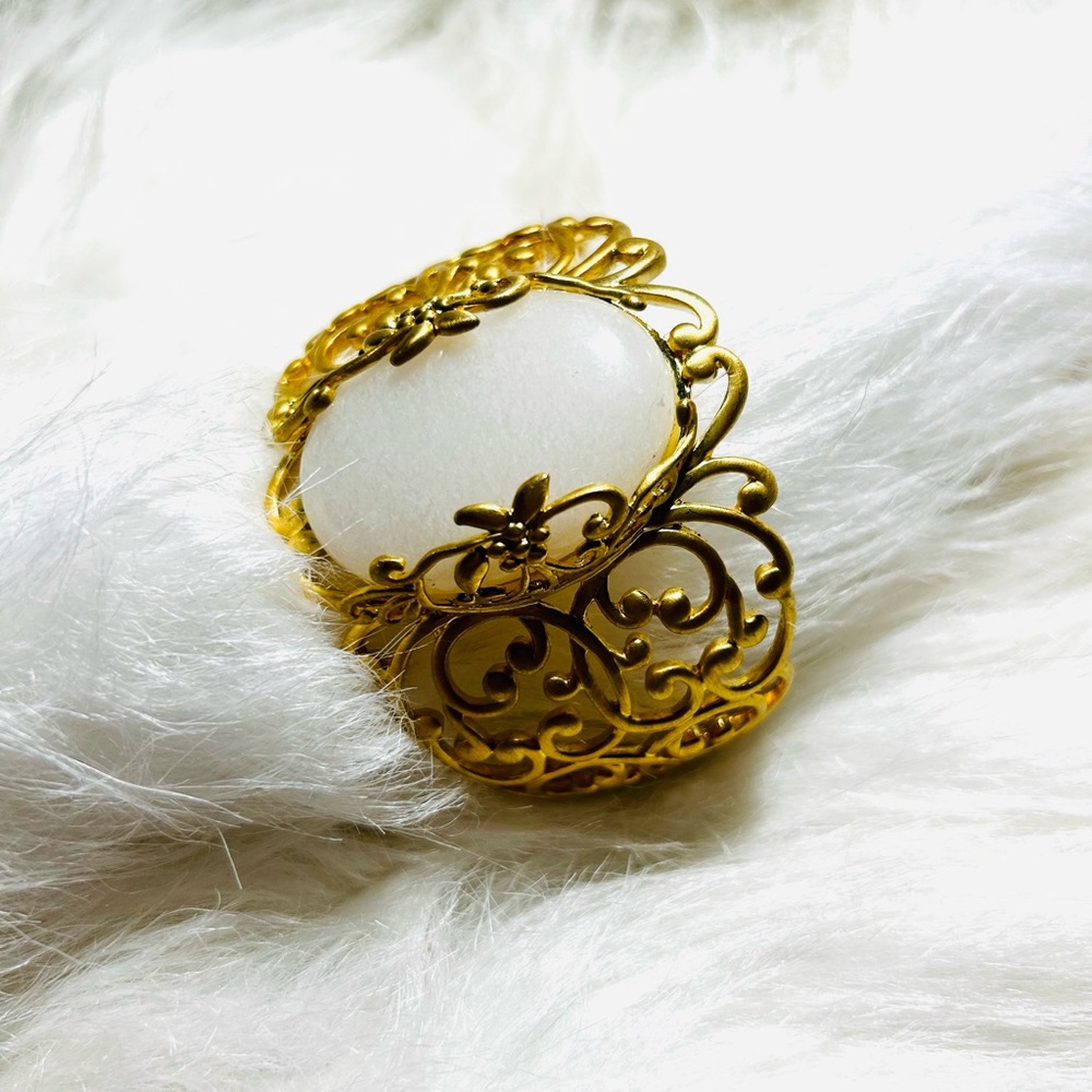 SHEILA FAJL Rare 18K Plated Brass Filigree and White Jade Cuff Bracelet - Picture 2 of 8